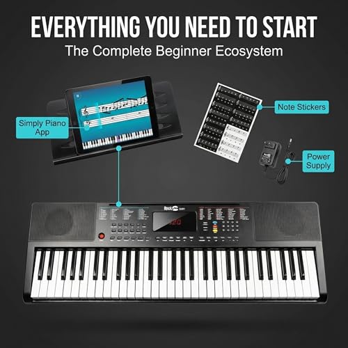 Teclado RockJam compacto de 61 teclas con soporte para partituras, fuente de alimentación, pegatinas para notas de piano y lecciones de piano simples : Amazon.es: Instrumentos musicales