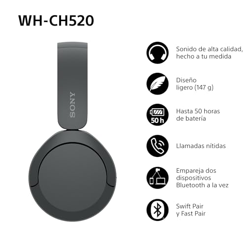 Sony WH-CH520, Auriculares de diadema inalámbricos Bluetooth, diseño ligero, 50 h de batería, carga rápida, ecualizador, llamadas nítidas, iOS y Android – Negro : Amazon.es: Electrónica