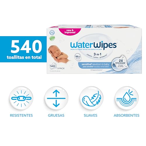 WaterWipes Sensitive+ Newborn & Baby Wipes, Toallitas Para Recién Nacidos y Bebés, 540 unidades (paquete de 9), 3 en 1 Limpia, Cuida, Protege, 99,9% Agua, Sin perfume : Amazon.es: Bebé