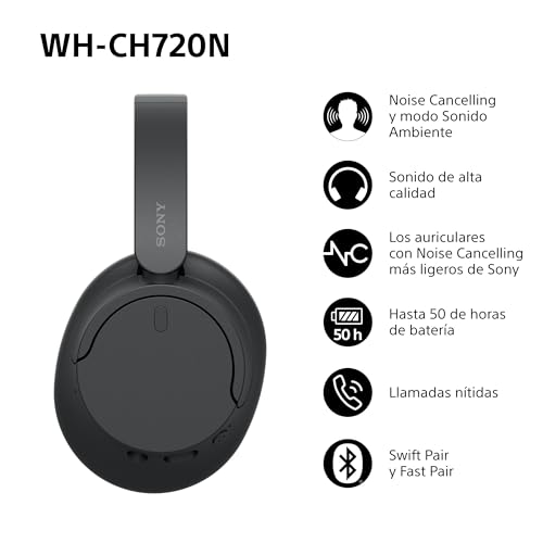 Sony WH-CH720N Auriculares Inalámbricos Bluetooth Noise Cancelling de Diadema, Sonido de , modo Sonido Ambiente, Diseño Ligero, hasta 35 horas de batería, iOS y Android – Negro : Amazon.es: Electrónica