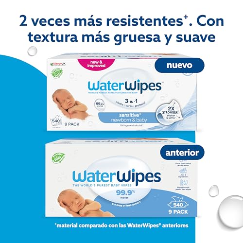 WaterWipes Sensitive+ Newborn & Baby Wipes, Toallitas Para Recién Nacidos y Bebés, 540 unidades (paquete de 9), 3 en 1 Limpia, Cuida, Protege, 99,9% Agua, Sin perfume : Amazon.es: Bebé