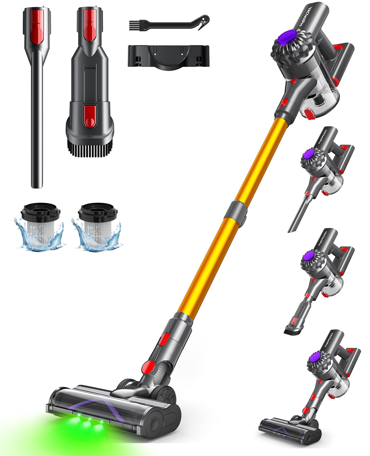 VACTechPro Aspiradora sin Cable,35kPa Aspirador de Mano,6 en 1 Inalámbrica con 35minutos de autonomía y batería extraíble,Aspirador Escoba Ideal para Pelo de Mascota/Alfombra/Suelo Duro&Oro : Amazon.es: Hogar y cocina