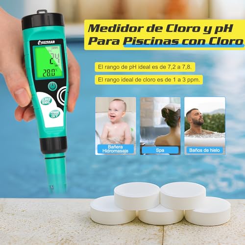 UIUZMAR Medidor de pH y Cloro para Piscinas, Digital Medidor de pH y Salinidad para Piscinas de Agua Salada, 7 en 1 FAC/pH/Sal/ORP/TDS/EC/Temp comprobador con Solución de Calibración para Spas : Amazon.es: Industria, empresas y ciencia