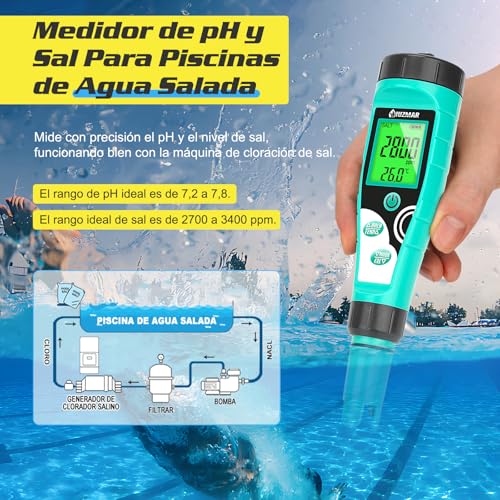 UIUZMAR Medidor de pH y Cloro para Piscinas, Digital Medidor de pH y Salinidad para Piscinas de Agua Salada, 7 en 1 FAC/pH/Sal/ORP/TDS/EC/Temp comprobador con Solución de Calibración para Spas : Amazon.es: Industria, empresas y ciencia