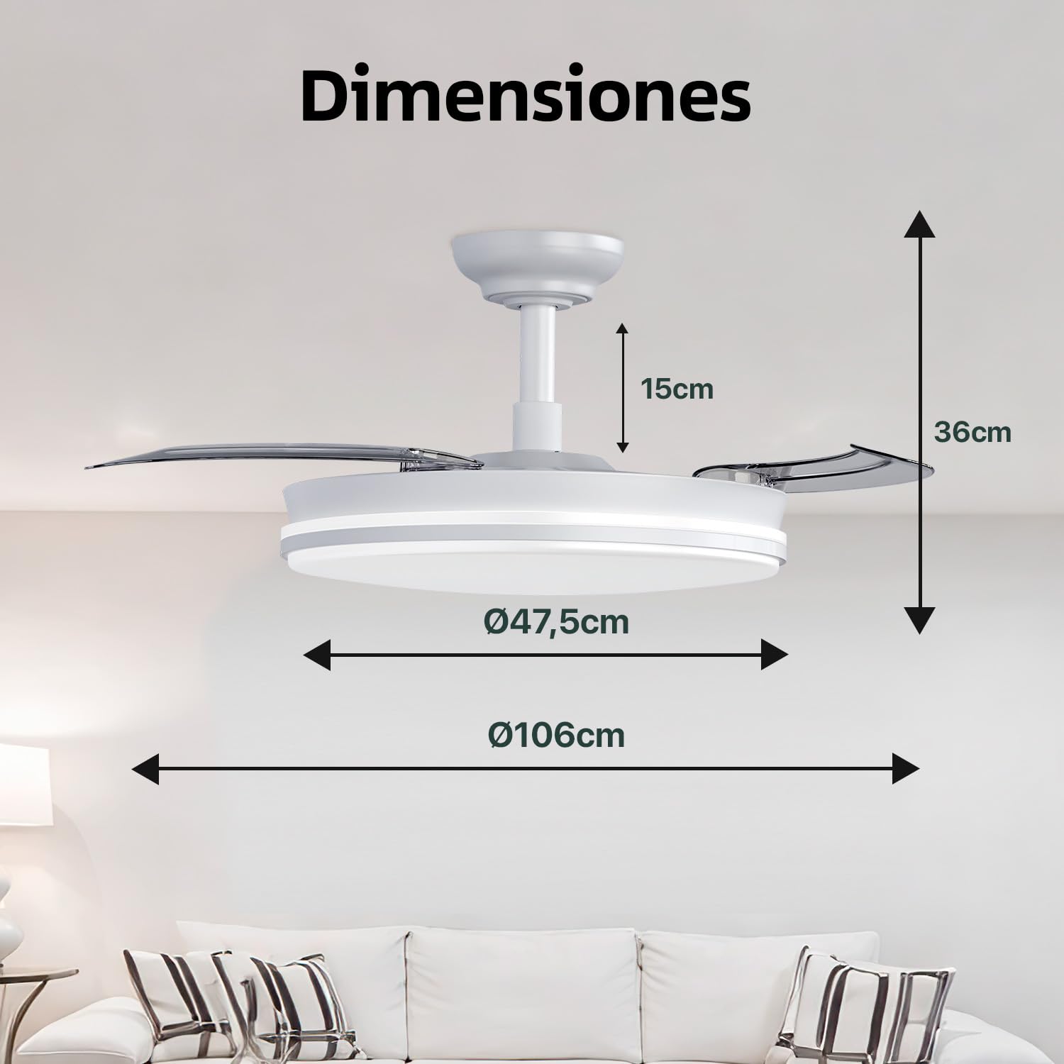 Ventilador de techo con luz con mando 3 aspas, Motor DC 30W+42W Luz LED,temporizador, 6 velocidades, aspas retráctiles, 3 temperaturas de luz, función verano-invierno Silencioso (Blanco puro, 50CM) : Amazon.es: Hogar y cocina