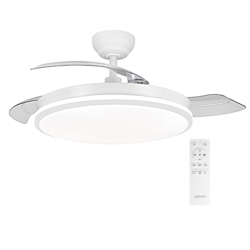 Ventilador de techo blanco con luz LED y aspas retráctiles